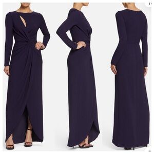 NWT! DRESS THE POPULATION Naomi Long-Sleeve Twist Gown